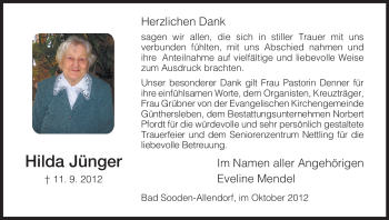 Todesanzeige von Hilda Jünger von HNA