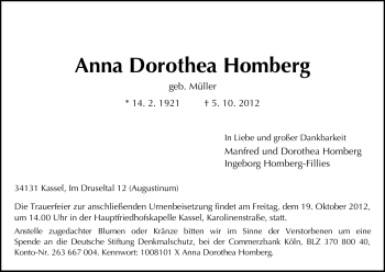 Todesanzeige von Anna Dorothea Homberg von HNA