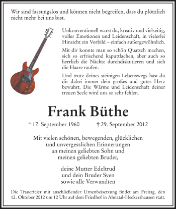 Todesanzeige von Frank Büthe von HNA