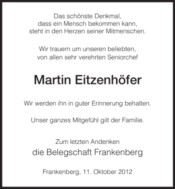Todesanzeige von Martin Eitzenhöfer von HNA