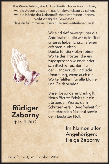 Todesanzeige von Rüdiger Zaborny von HNA