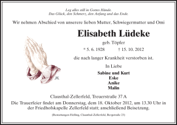 Todesanzeige von Elisabeth Lüdeke von HNA
