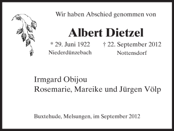 Todesanzeige von Albert Dietzel von HNA