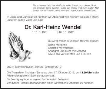Todesanzeige von Karl-Heinz Wendel von HNA