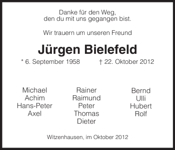 Todesanzeige von Jürgen Bielefeld von HNA