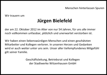 Todesanzeige von Jürgen Bielefeld von HNA