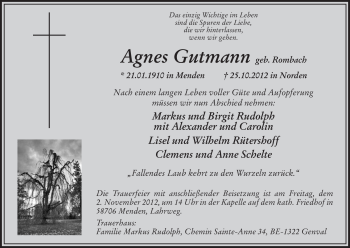 Todesanzeige von Agnes Gutmann von HNA