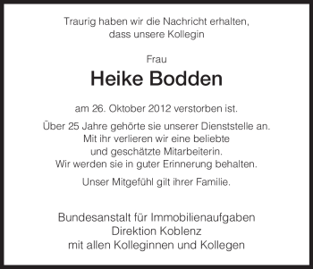 Todesanzeige von Heike Bodden von HNA