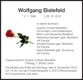 Todesanzeige von Wolfgang Bielefeld von HNA