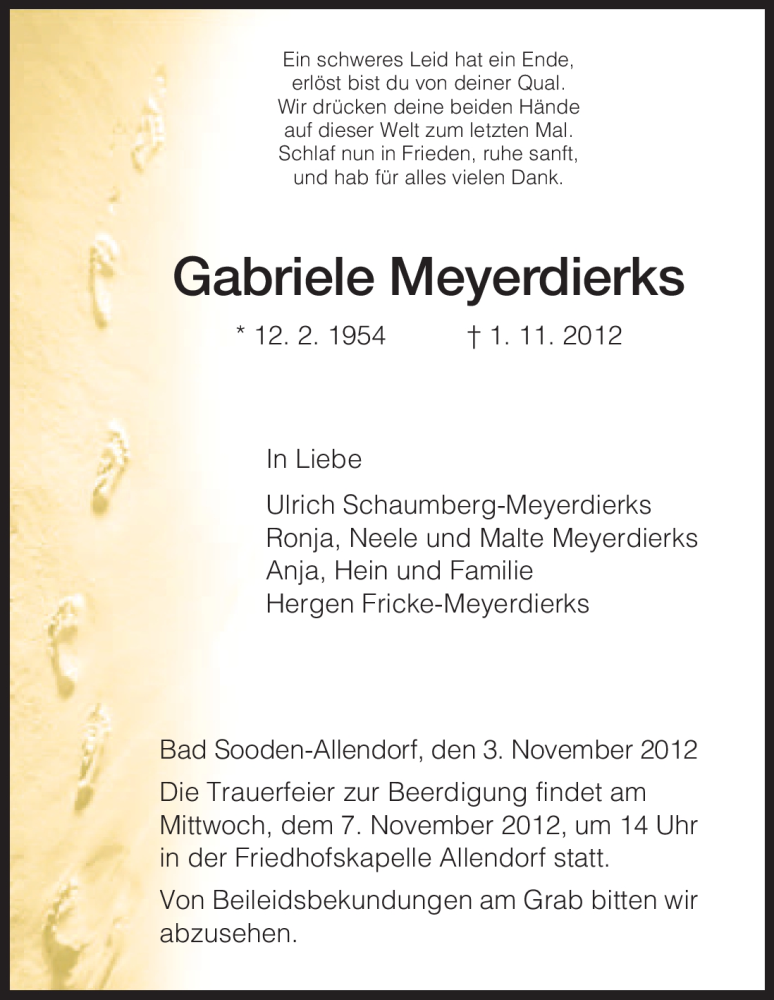  Traueranzeige für Gabriele Meyerdierks vom 03.11.2012 aus HNA