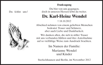 Todesanzeige von Karl-Heinz Wendel von HNA