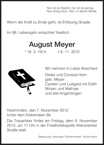 Todesanzeige von August Meyer von HNA