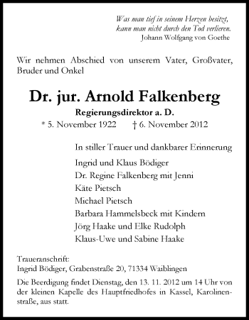 Todesanzeige von Arnold Falkenberg von HNA
