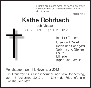 Todesanzeige von Käthe Rohrbach von HNA