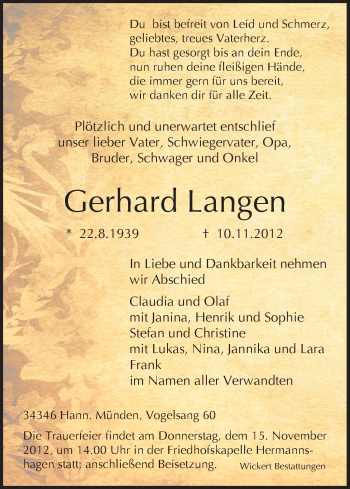 Todesanzeige von Gerhard Langen von HNA