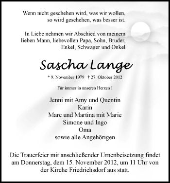 Todesanzeige von Sascha Lange von HNA