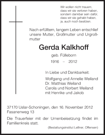 Todesanzeige von Gerda Kalkhoff von HNA