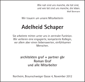 Todesanzeige von Adelheid Schaper von HNA