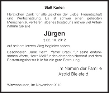 Todesanzeige von Jürgen Bielefeld von HNA
