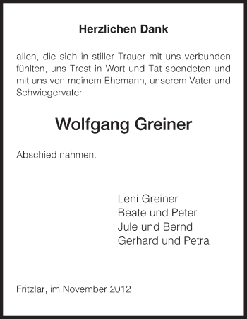 Todesanzeige von Wolfgang Greiner von HNA