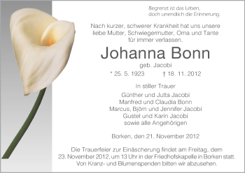 Todesanzeige von Johanna Bonn von HNA