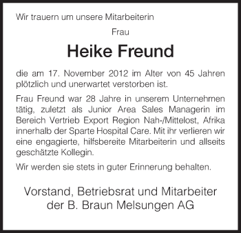 Todesanzeige von Heike Freund von HNA