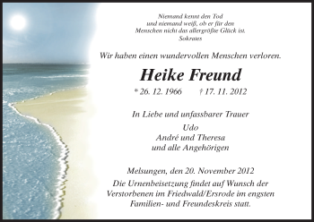Todesanzeige von Heike Freund von HNA
