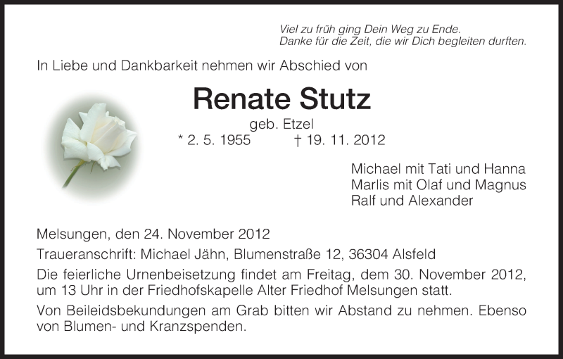  Traueranzeige für Renate Stutz vom 24.11.2012 aus HNA