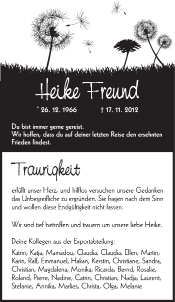Todesanzeige von Heike Freund von HNA