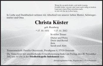Todesanzeige von Christa Küster von HNA