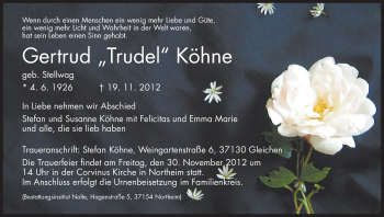 Todesanzeige von Gertrud Köhne von HNA