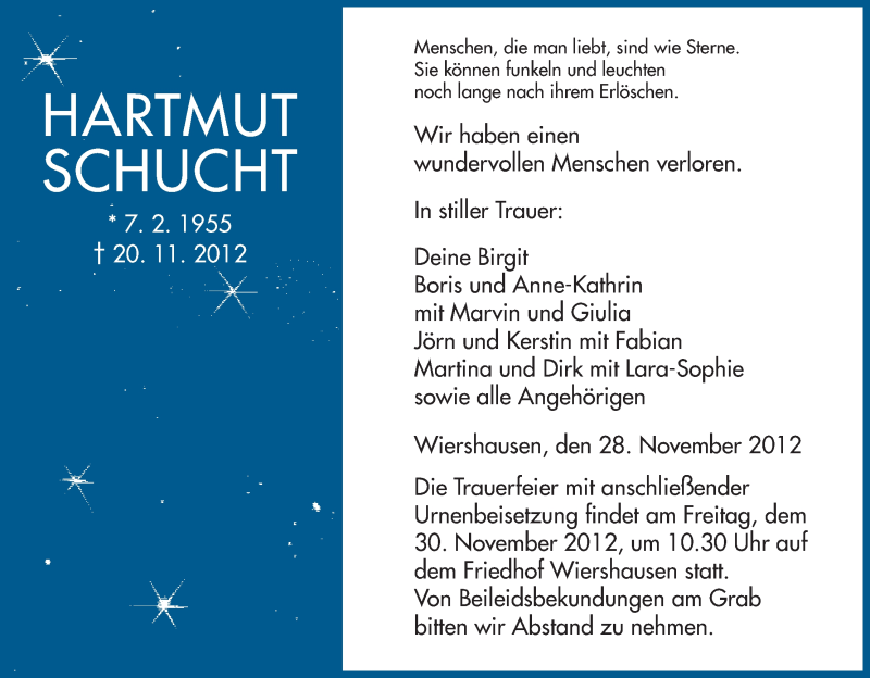  Traueranzeige für Hartmut Schucht vom 28.11.2012 aus HNA