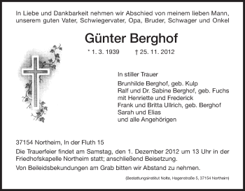 Todesanzeige von Günter Berghof von HNA