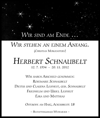 Todesanzeige von Herbert Schnaubelt von HNA