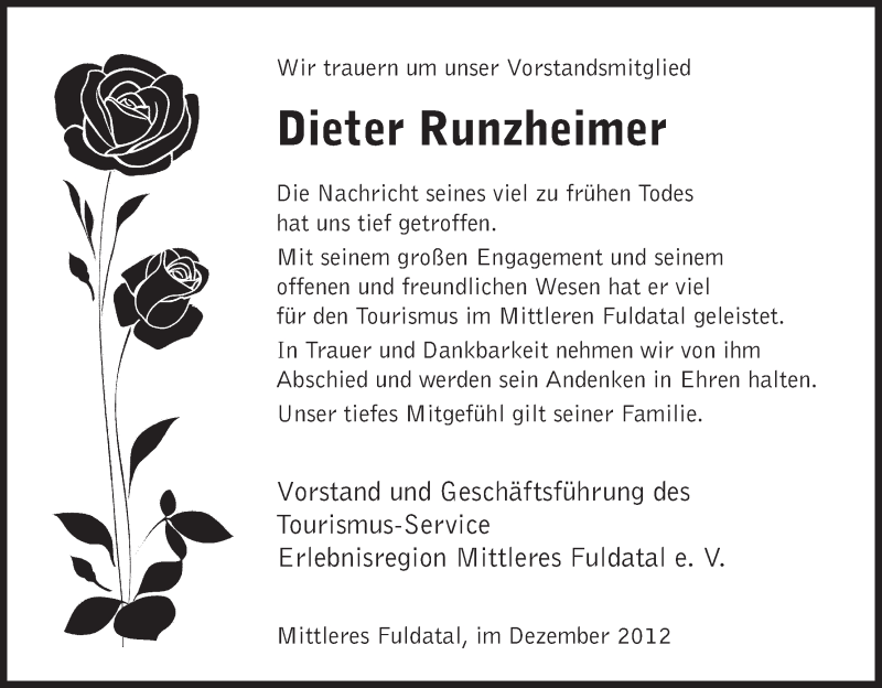  Traueranzeige für Dieter Runzheimer vom 06.12.2012 aus HNA