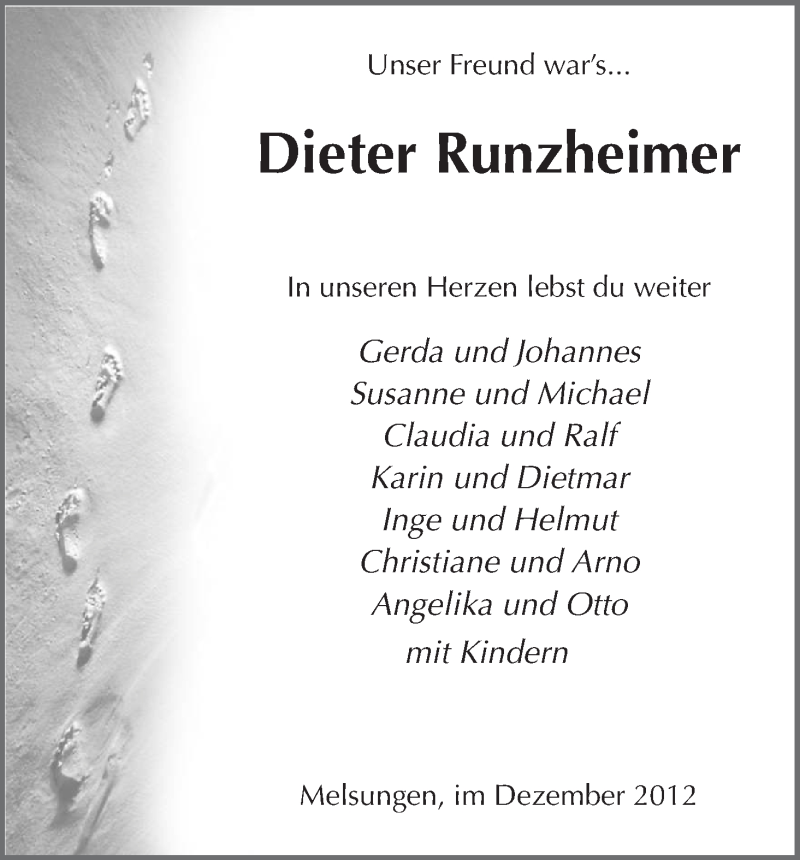  Traueranzeige für Dieter Runzheimer vom 06.12.2012 aus HNA