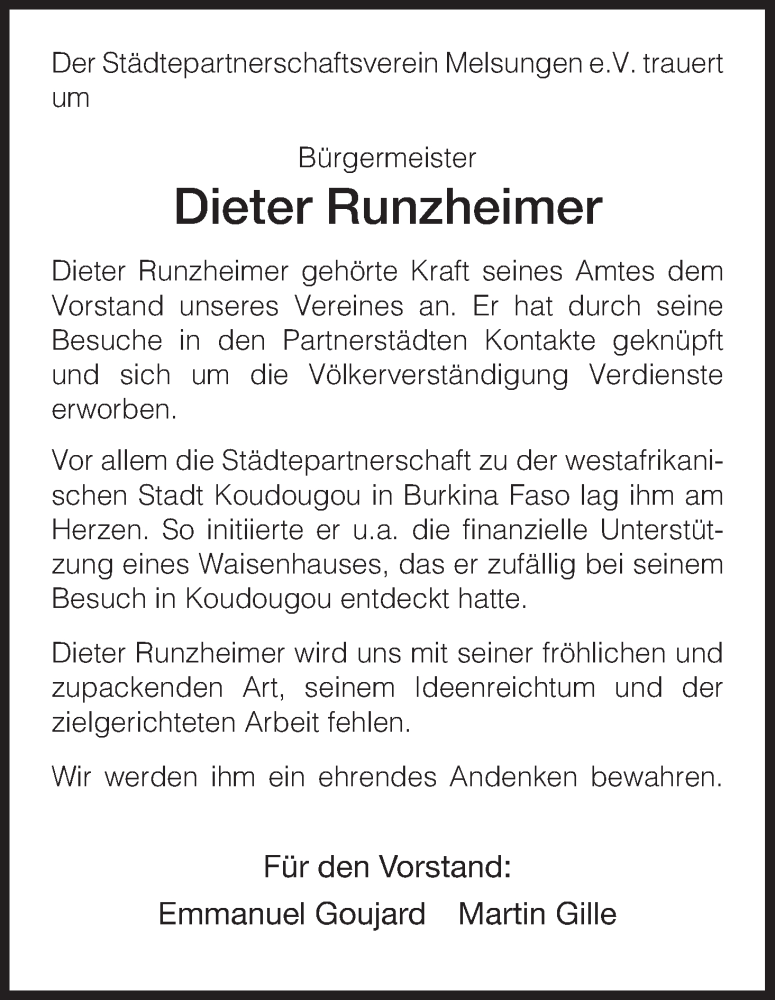  Traueranzeige für Dieter Runzheimer vom 07.12.2012 aus HNA