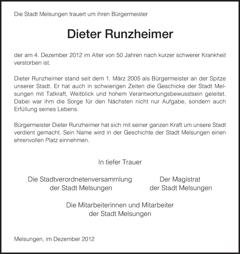  Traueranzeige für Dieter Runzheimer vom 06.12.2012 aus HNA