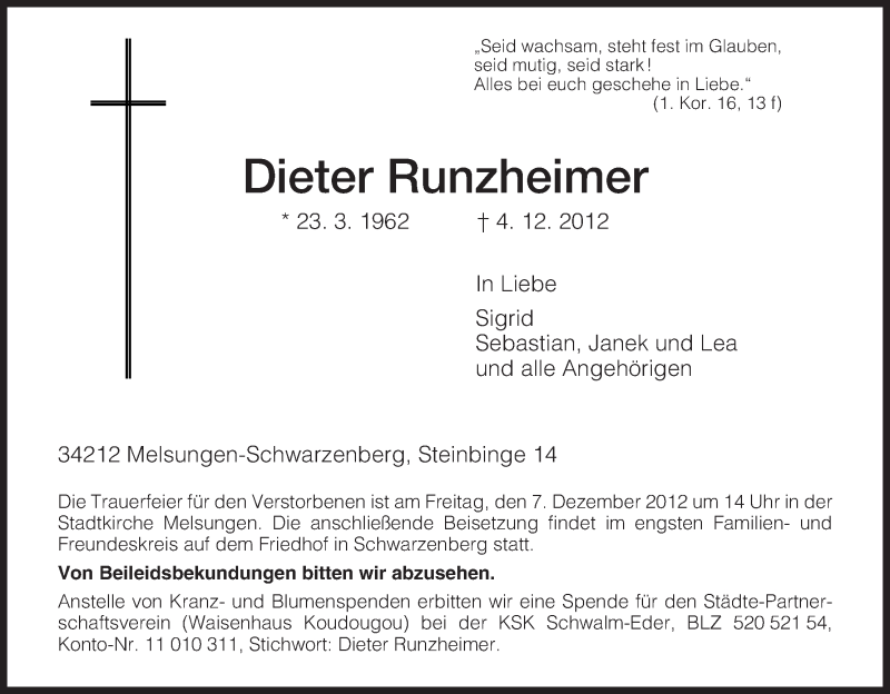  Traueranzeige für Dieter Runzheimer vom 06.12.2012 aus HNA