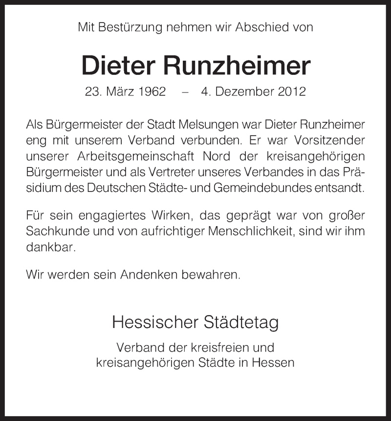  Traueranzeige für Dieter Runzheimer vom 06.12.2012 aus HNA