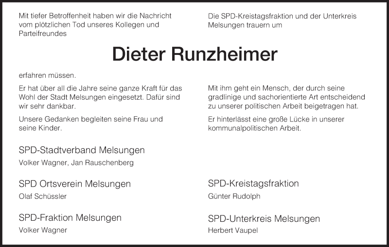  Traueranzeige für Dieter Runzheimer vom 06.12.2012 aus HNA