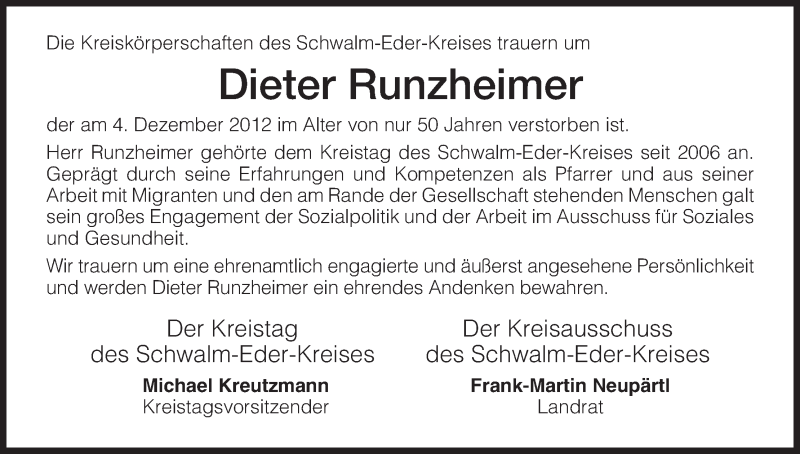  Traueranzeige für Dieter Runzheimer vom 07.12.2012 aus HNA