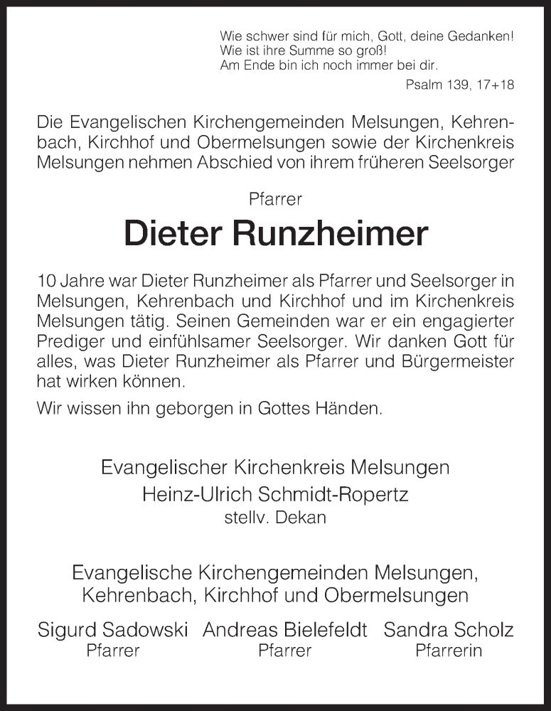  Traueranzeige für Dieter Runzheimer vom 07.12.2012 aus HNA