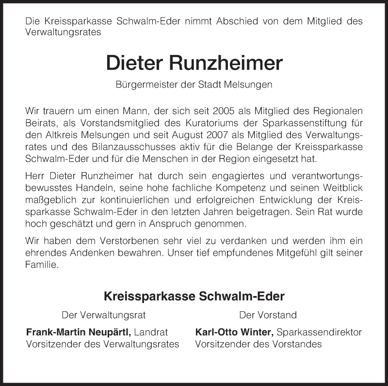  Traueranzeige für Dieter Runzheimer vom 07.12.2012 aus HNA