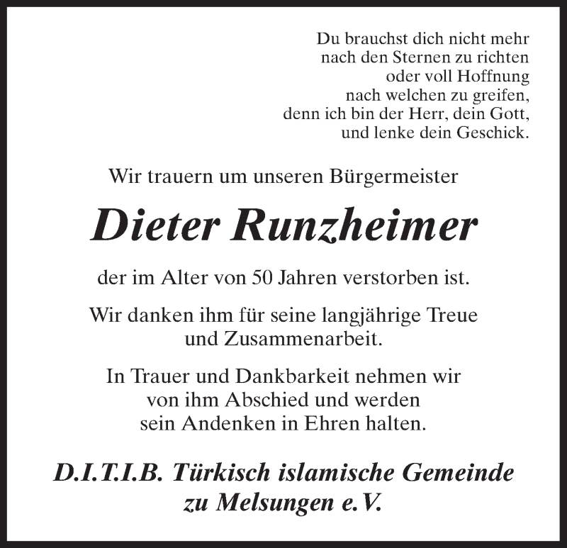  Traueranzeige für Dieter Runzheimer vom 07.12.2012 aus HNA