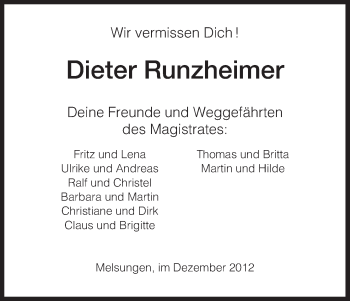 Todesanzeige von Dieter Runzheimer-Freunde von HNA
