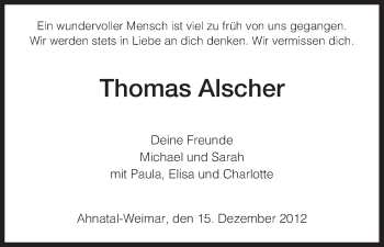 Todesanzeige von Thomas Alscher von HNA