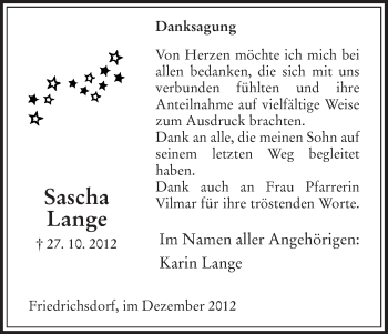 Todesanzeige von Sascha Lange von HNA