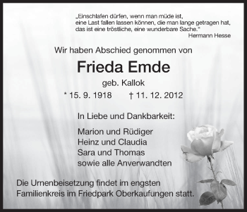 Todesanzeige von Frieda Emde von HNA