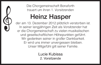 Todesanzeige von Heinz Hasper von HNA